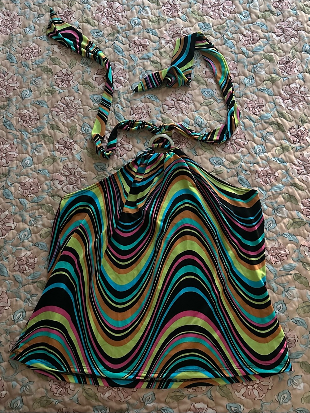 Vintage Caren Sport Colorful Retro Wave Print Halter Cropped Women’s Top